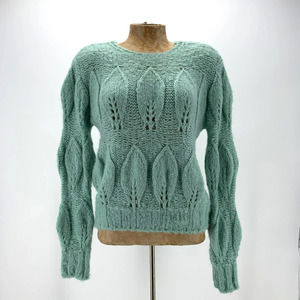 Topshop Sweater Small Blue Green Leaf Pattern Knit Crew Long Sleeve